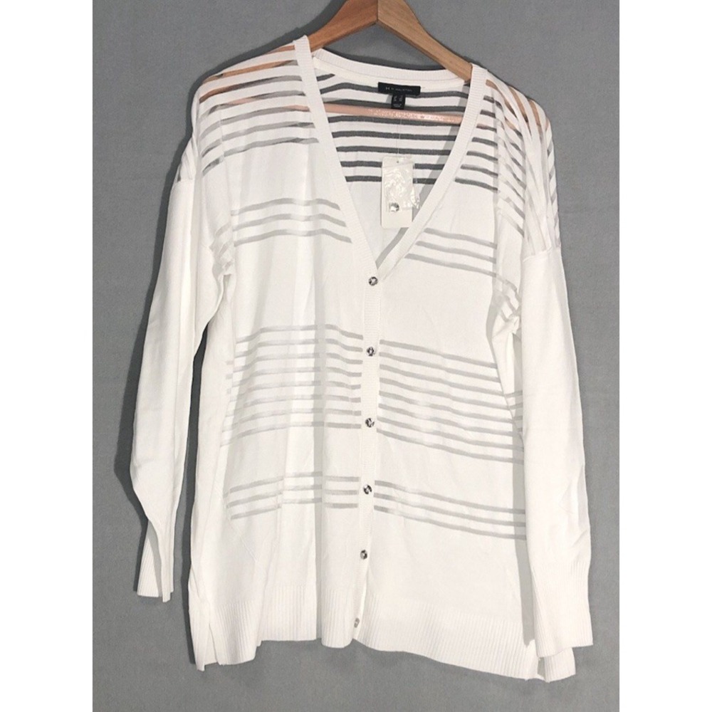 H by Halston White Transparent Striped Button Front Boyfriend Cardigan Sz L